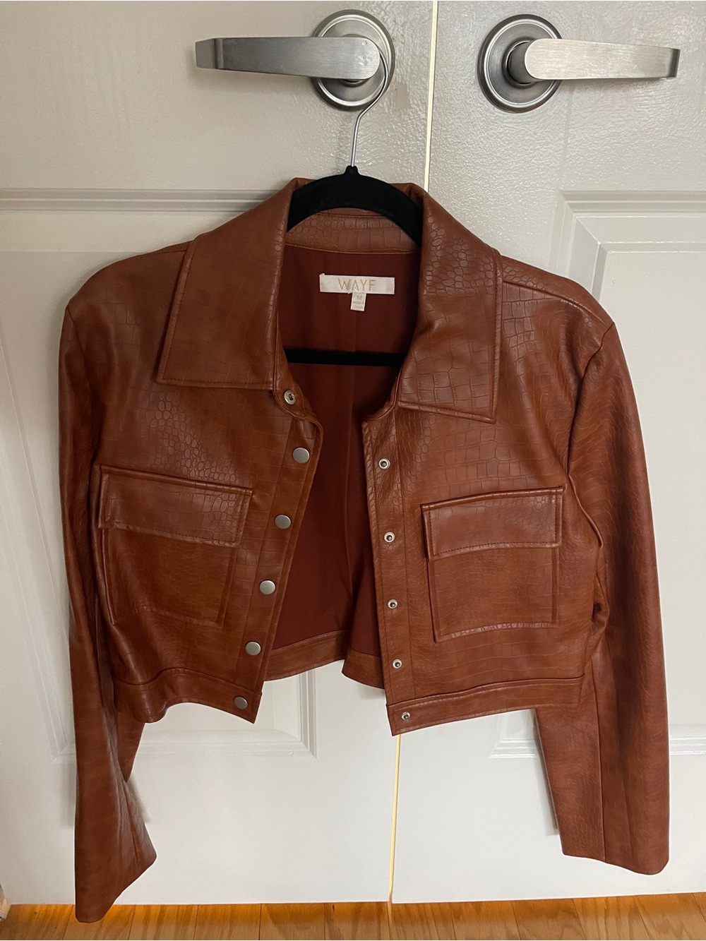 Wayf Cropped Tan-Brown Faux Leather Jacket
